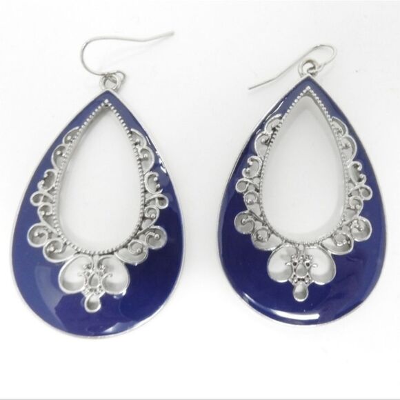 🩵NWOT Premier "Color Pop" Blue & Silver Toned Scroll Teardrop Earrings - Picture 1 of 7